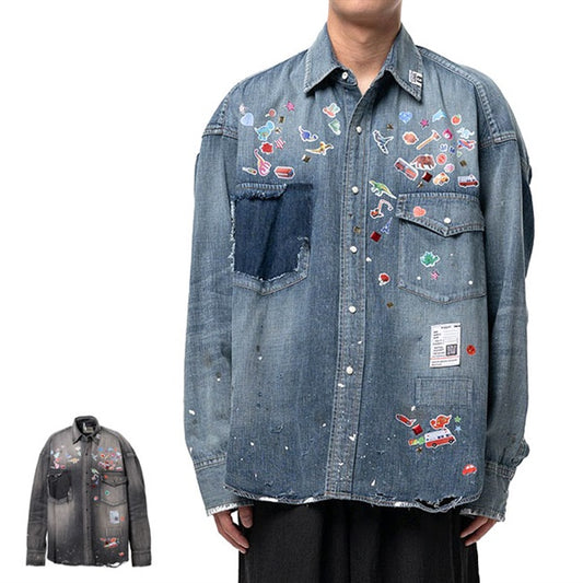 Maison MIHARA YASUHIRO メゾンミハラヤスヒロ キッズ ステッカーシール プリント ディストレスド デニムシャツ J16SH125
