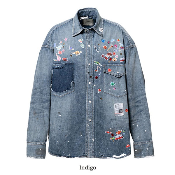 Maison MIHARA YASUHIRO メゾンミハラヤスヒロ キッズ ステッカーシール プリント ディストレスド デニムシャツ J16SH125