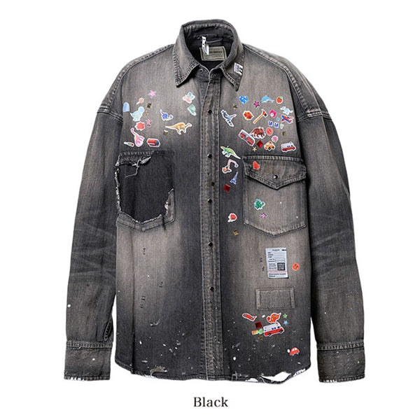 Maison MIHARA YASUHIRO メゾンミハラヤスヒロ キッズ ステッカーシール プリント ディストレスド デニムシャツ J16SH125