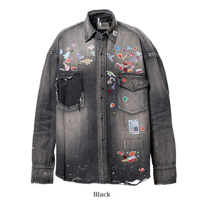 Maison MIHARA YASUHIRO メゾンミハラヤスヒロ キッズ ステッカーシール プリント ディストレスド デニムシャツ J16SH125