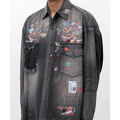 Maison MIHARA YASUHIRO メゾンミハラヤスヒロ キッズ ステッカーシール プリント ディストレスド デニムシャツ J16SH125