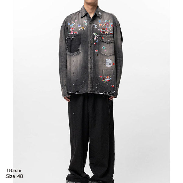 Maison MIHARA YASUHIRO メゾンミハラヤスヒロ キッズ ステッカーシール プリント ディストレスド デニムシャツ J16SH125