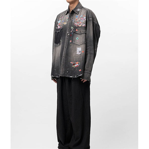 Maison MIHARA YASUHIRO メゾンミハラヤスヒロ キッズ ステッカーシール プリント ディストレスド デニムシャツ J16SH125