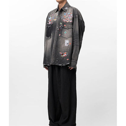 Maison MIHARA YASUHIRO メゾンミハラヤスヒロ キッズ ステッカーシール プリント ディストレスド デニムシャツ J16SH125