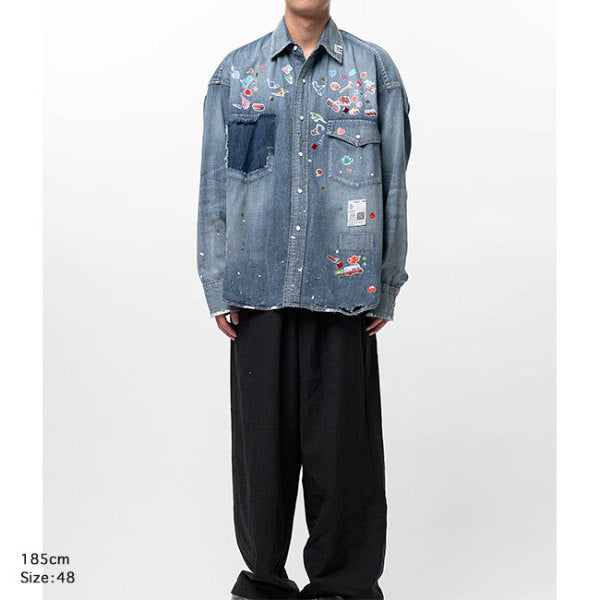 Maison MIHARA YASUHIRO メゾンミハラヤスヒロ キッズ ステッカーシール プリント ディストレスド デニムシャツ J16SH125