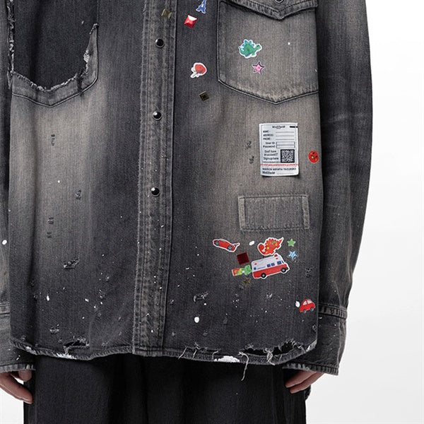 Maison MIHARA YASUHIRO メゾンミハラヤスヒロ キッズ ステッカーシール プリント ディストレスド デニムシャツ J16SH125