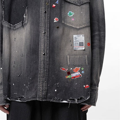 Maison MIHARA YASUHIRO メゾンミハラヤスヒロ キッズ ステッカーシール プリント ディストレスド デニムシャツ J16SH125