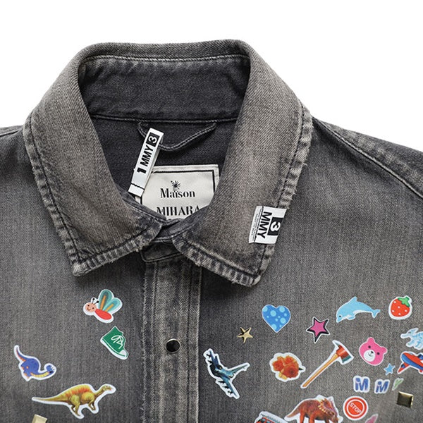 Maison MIHARA YASUHIRO メゾンミハラヤスヒロ キッズ ステッカーシール プリント ディストレスド デニムシャツ J16SH125