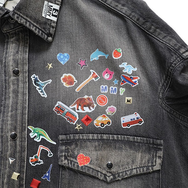 Maison MIHARA YASUHIRO メゾンミハラヤスヒロ キッズ ステッカーシール プリント ディストレスド デニムシャツ J16SH125