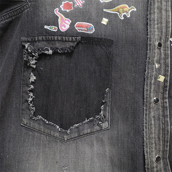 Maison MIHARA YASUHIRO メゾンミハラヤスヒロ キッズ ステッカーシール プリント ディストレスド デニムシャツ J16SH125