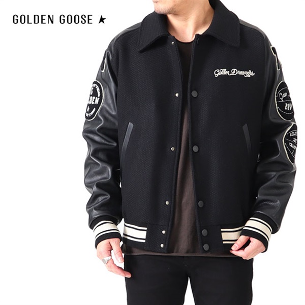 Golden Goose ゴールデングース ウール × レザー ワッペンロゴ 襟付き スタジャン GMP01296.P000940.90194