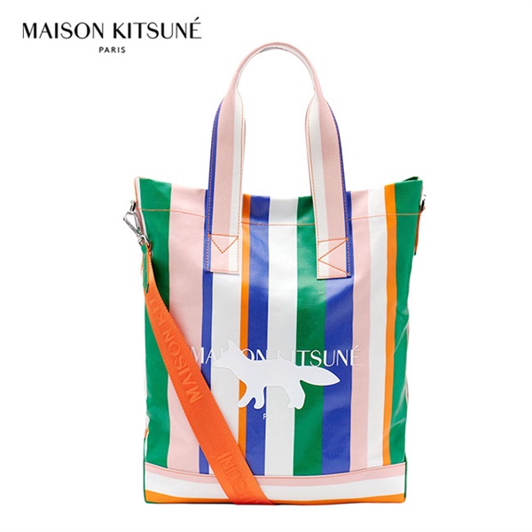Maison Kitsune メゾンキツネ マルチストライプ フォックスロゴ 2WAY トート & ショルダーバッグ KU05111WE4006
