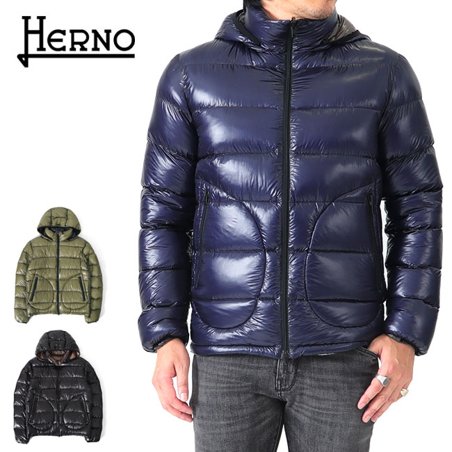HERNO ヘルノ リバーシブル ナイロンリップストップ フード付き スタンドカラー ダウンジャケット PI000903U